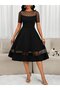 Women's Short Sleeve Crew Neck Polka Dot Tulle Detailed Midi Janjan Crepe Dress - 3