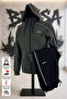 Khaki Hooded Tracksuit Set Double Face Fabric Elastic Cuffs Men's Hidden Zipper Pockets - 2