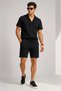Men's 2-Piece Crepe Fabric Pocket Shirt Shorts Set Short Sleeve Lace-Up - Black - Navy Blue - 2