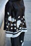 Women's Double Color Floral Patterned Waist Tie Satin Suit Black - 5