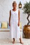 White Pool Collar Sleeveless Double Pocket Washable Dirty Stitched Casual Muslin Long Woven Dress 120 62 - 4