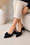 Black Fabric Thick Heeled Bow Detailed Open Back Pointed Toe Women's Siteletto Vdz02023 - 5
