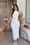 Halter Neck Glittering Elegant White Midi Dress with Gold Accessories - 8