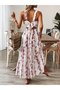 Women's Strappy Square Neck Patterned Long Jersey Dress with Bow Tie Detail on the Back - 3