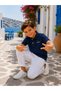 Boy's Polo Collar T-Shirt Linen Look Pants 100% Cotton Top and Bottom Set - 4