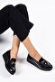 Large Size Women's Flat Shoes with Black Patent Leather Buckle and Stitching - 4