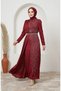Satin Stone Hijab Evening Dress 5724-01 Burgundy - 2