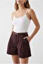 2187 Women's High Waist Belted Pleated Shorts with Pockets, Plum - 2