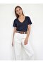 32847 Lyocell Blended V-Neck T-Shirt-Dark Blue - 3