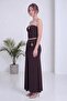 Women's Strapless Crop and Draped Detailed Skirt Two-Piece Set in Brown with Gold Accessories - 6