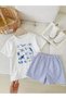 Girl's Sea Creatures Printed White T-Shirt-Blue White Striped Poplin Fabric Shorts Bottom Top Set - 3