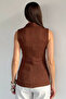 Brown Women's Double Breasted Collar Stoned Draped Asymmetrical Cut Blouse - 4