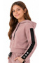 Girl's Hooded Short Sweatshirt with Stripe Detail on the Sleeve and Snap Fastener Model in Powder Color - 2