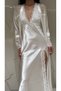 2 Piece Women's Satin Lace Detailed Long Dressing Gown and Nightgown Set Dowry Dress with Slit Shoulder Sleeves and Slit Lace Detail - 7