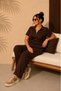 Women's Brown Plus Size Top Zippered Collared Short Sleeve Bottom Waist Elasticated Pocketed Wide Leg Modal 2-Piece Tracksuit Set - 5