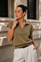 Women's Light Khaki Polo Collar Bat Sleeve 100% Cotton Knitwear Blouse - 6