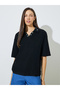 Black Embroidered Detail Boxy Fit Polo T-Shirt - 3