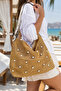 Women's Copper Pearl Detailed Straw Shoulder Bag Large Size Zippered Daily Summer Beach Bag - 8
