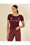 Women Burgundy Printed Contrast Ribbed T-Shirt