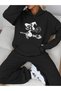 Women's Black Witch Printed Hooded 3 Thread Sweat Jogger Set