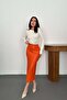 Women's Orange High Waist Slit Decorative Patch Pencil Cut Midi Skirt