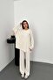 Women's Ecru Sweatshirt-Pants Set Ribbed Textured Oversized Crew Neck Sweatshirt and Wide Leg Pants