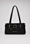Women's Verona Belt Buckle Leather Look Multi-Compartment Black Shoulder Bag