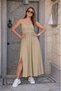 Women's Rope Strap Round Neck Long Viscose Dress with Front Slit and Pocket Detail - 3