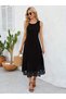 Women's Black Sleeveless Hem Laser Cut Floral Patterned Midi Length Janjan Crepe Dress - 3