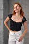 Polka Dot Waist Fitted Tulle Black Blouse - 4