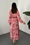 Women's Pink Floral Patterned Piping Shirt Collar Buttoned Long Sleeve Midi Dress - 5