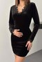 Women's Black V-Neck Lace Detailed Velvet Look Long Sleeve Tight Mini Dress - 4