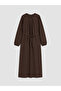 Brown Crew Neck Belted Waist Poplin Dress - 5