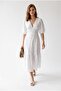 2219 Women's Lined V-Neck Balloon Sleeve Floral Openwork Midi Dress White - 2