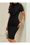 Women's Short-Sleeved Semi-Crew Neck Scarf Dress with Side Pleat Detail, Short Imported Crepe Dress - 4