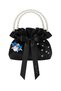 Black Cotton Satin Bag, with Crystal Glass Stone Decorations, Double Row of Pearls Handle, Black Satin, Foldable, for Daily Use/Formal Wear