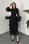 Women's Black Dress Layered Flounce Floral Patterned Belted Buttoned High Neck Midi