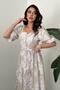 Women's Beige Midi Embroidered Ruffled Square Neck Belted Balloon Sleeve Dress - 3