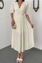 Women's Yellow Polka Dot V-Neck Gipeli Balloon Sleeve Slit Midi Dress - 4