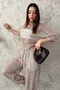 Women's Beige Top and Bottom Set Sequined Double Set Crew Neck Three Quarter Sleeves Lace-Up Hem - 3