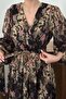 Women's Black Floral Patterned Glitter Belted V-Neck Long Sleeve Maxi Dress - 4