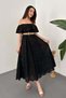 Women's Black Off-Shoulder Brode Maxi Dress with Flounce Collar and Flared Cut in Cotton - 2