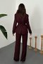 Women's Burgundy Top and Bottom Set with Belt, Lace Detail, Double-Breasted Jacket, Wide-Leg Pants Set - 5
