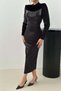 Women's Black Dress Velvet Stone Tassel Detailed High Neck Long Sleeve Midi Bodycon - 4