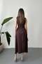 Women's Brown Asymmetrical Hem Belted Midi Satin Sleeveless Dress - 5
