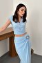 Women's Baby Blue Top and Bottom Set Shirt Skirt Set Crop Buttoned Draped Slit Midi - 3