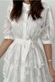 Women's Ecru Layered Ruffled Belted Buttoned Embroidered Long Dress - 4