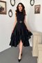 Women's Black Halter Neck Floral Embroidered Belted Layered Flounce Midi Dress