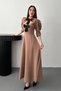Women's Camel Long Dress with Bow Detail, Front Cutout, Balloon Sleeves, Flared Evening Dress - 2