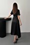 Women's Black Scarf Collar Satin Midi Dress with Asymmetrical Hem - 5